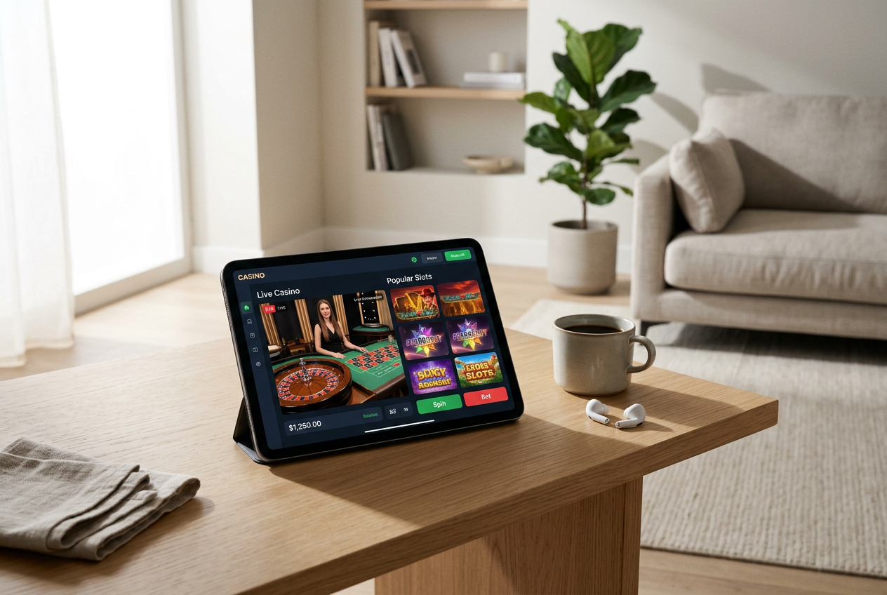 A luxury tablet and smartphone showing live casino games on a wooden desk.