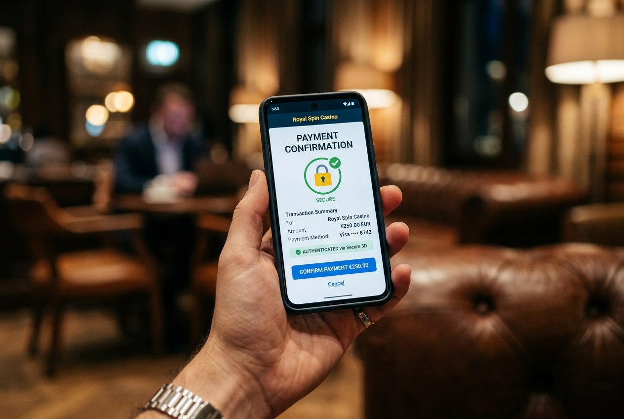 Close-up of a person holding a phone with a secure online casino payment screen.