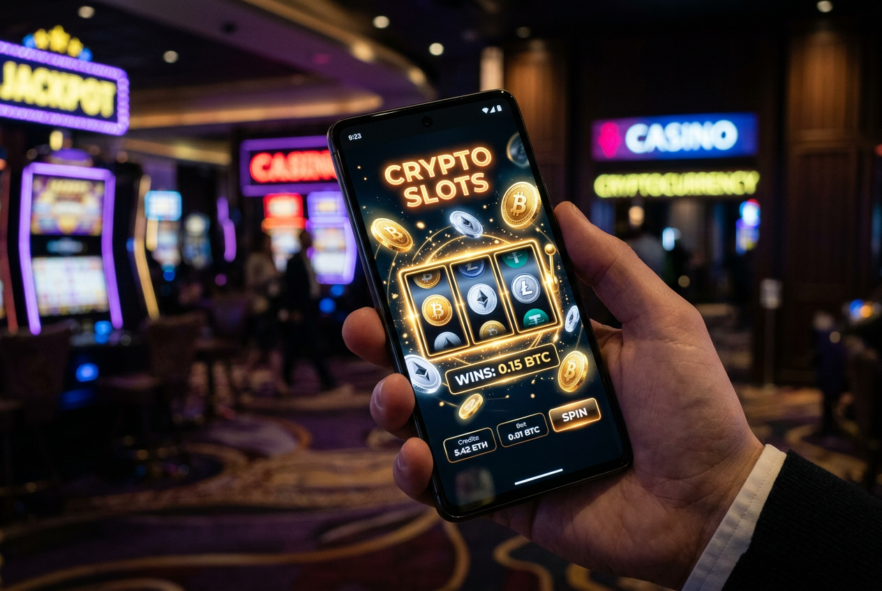A modern digital interface illustrating cryptocurrency tokens and premium casino branding elements.
