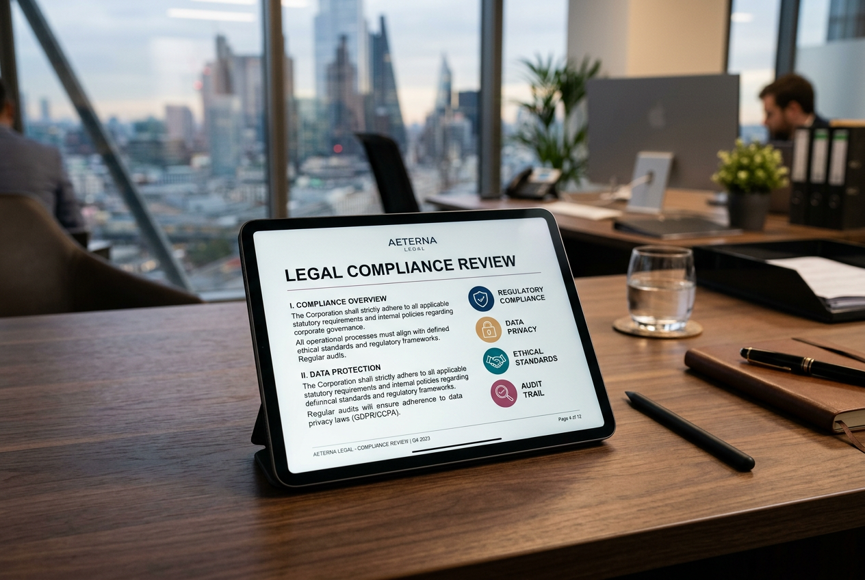 A professional regulatory environment concept with a digital tablet showing legal texts.