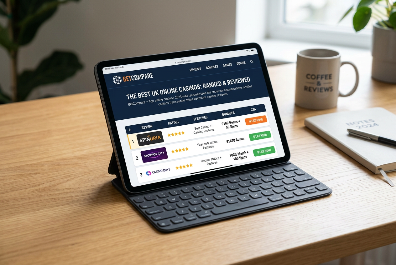 A close-up of a tablet showing an online casino comparative list and digital payment option mockups.