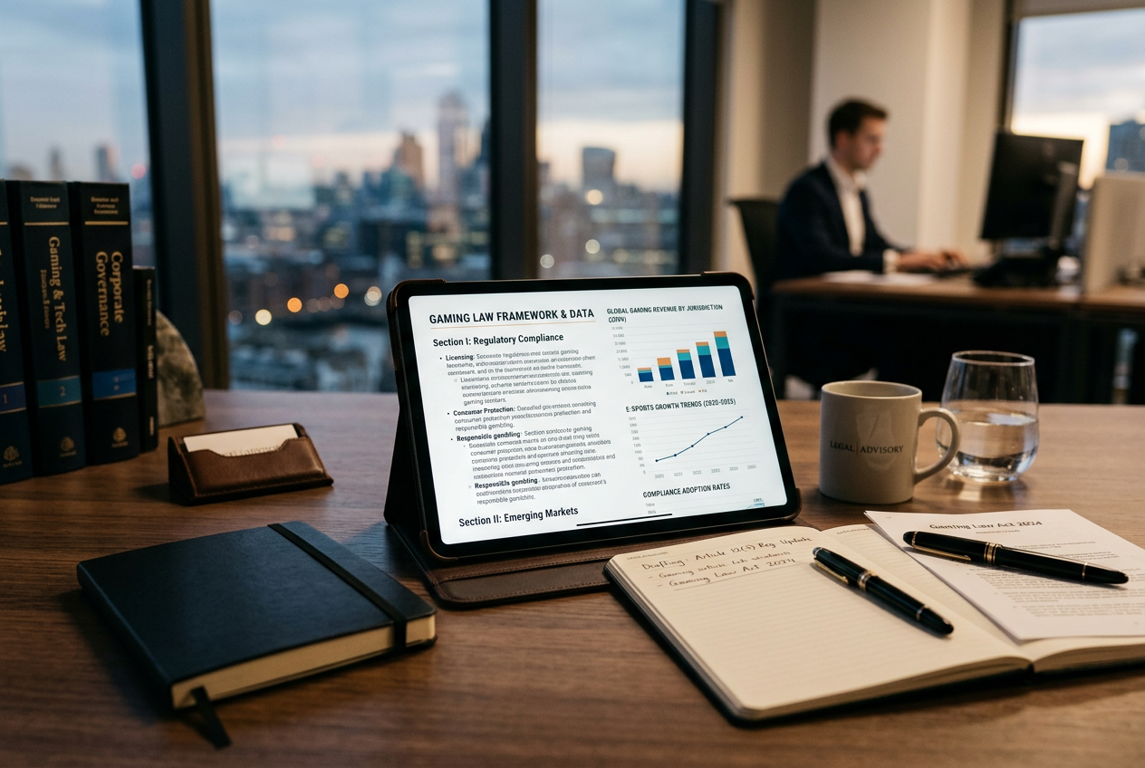 A modern office setting showing legal documents and a secure tablet displaying gaming regulations.